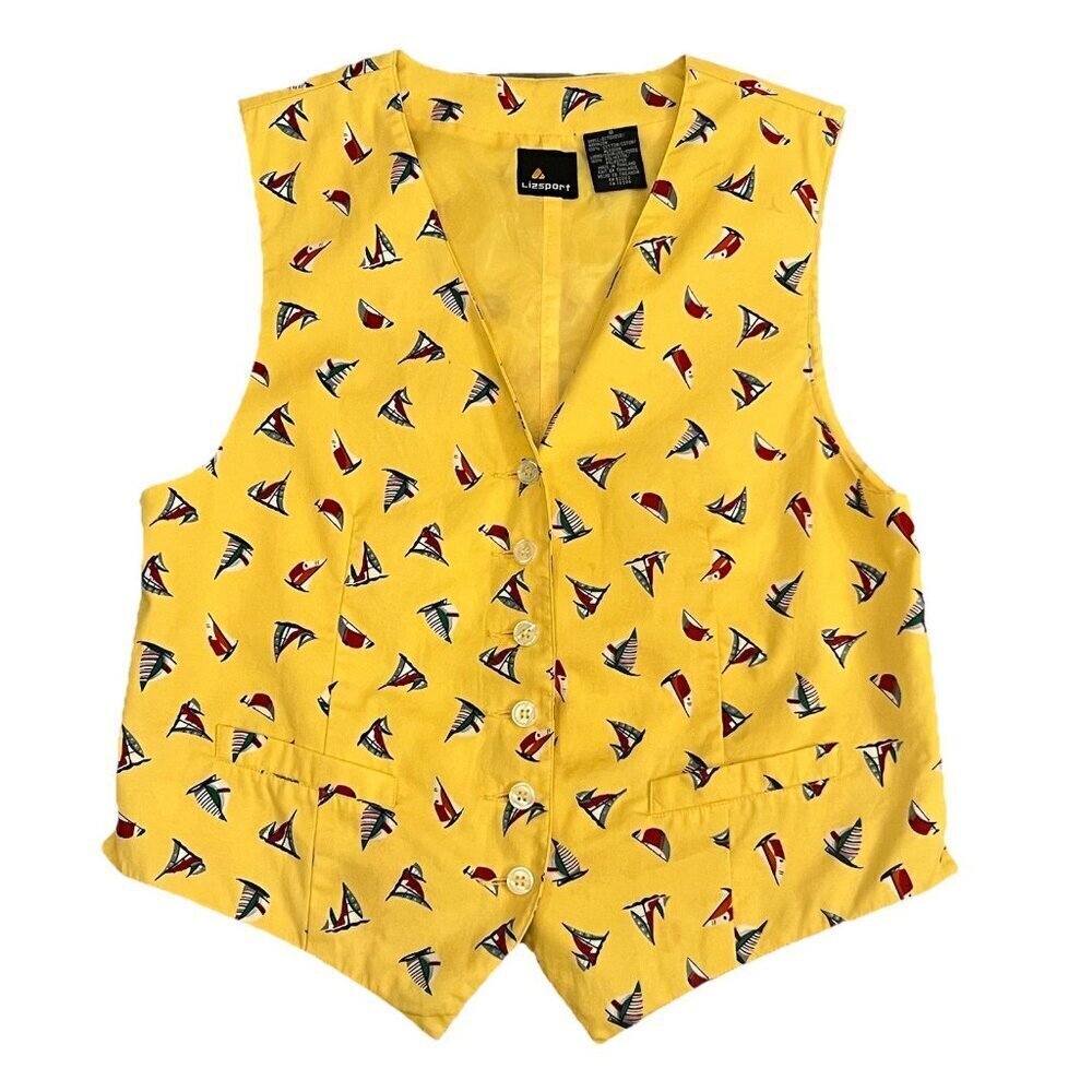 Vintage Lizsport Women’s Vest Size 8 Yellow Blue Red Sailboats Sailing 80s Lined